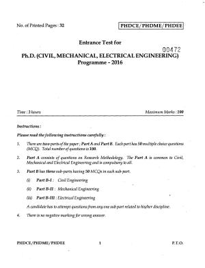 IGNOU PhD Entrance Test Ph.D. (Civil, Mechanical, Electrical Engineering) Programme 2016 Question Paper
