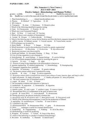 Hemchand North Gujarat University Sample Paper July-Sept 2021:  B.Sc. Semester-1 Biotechnology and Human Welfare Paper Code - 3139 ( New Course )