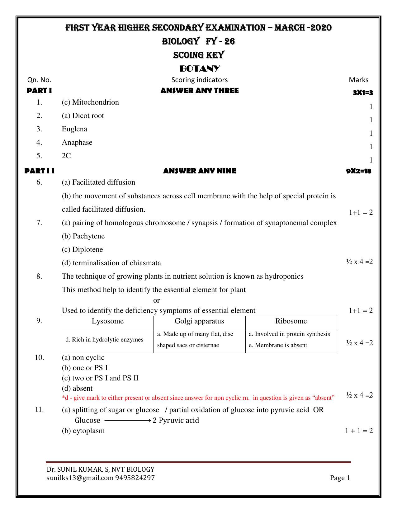 Kerala Plus One 2020 Biology Answer Key (Annual) - Page 1