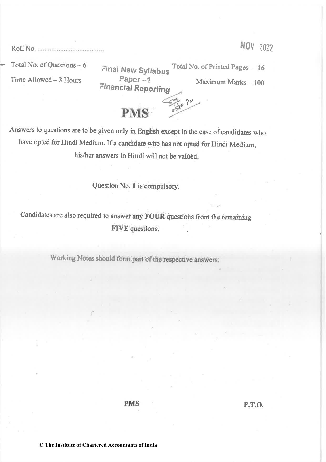 CA Final Nov 2022 Question Paper - Paper 1 – Financial Reporting - Page 1