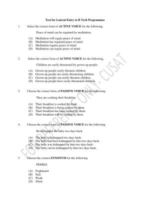 CUSAT CAT 2022 Test for Lateral Entry to B Tech Programmes Question Paper