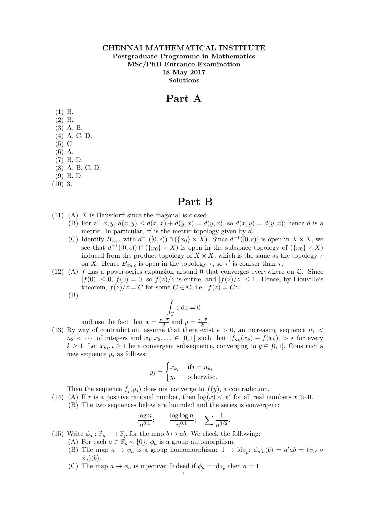 CMI Entrance Exam 2017 Solutions MSc/PhD Mathematics - Page 1