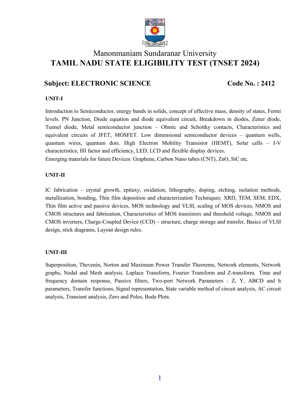 TNSET Syllabus - Electronic Science - Page 1