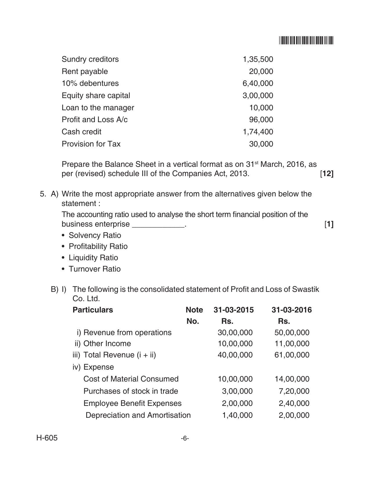 Goa Board Class 12 Accountancy  605 Old Pattern (June 2018) Question Paper - Page 6