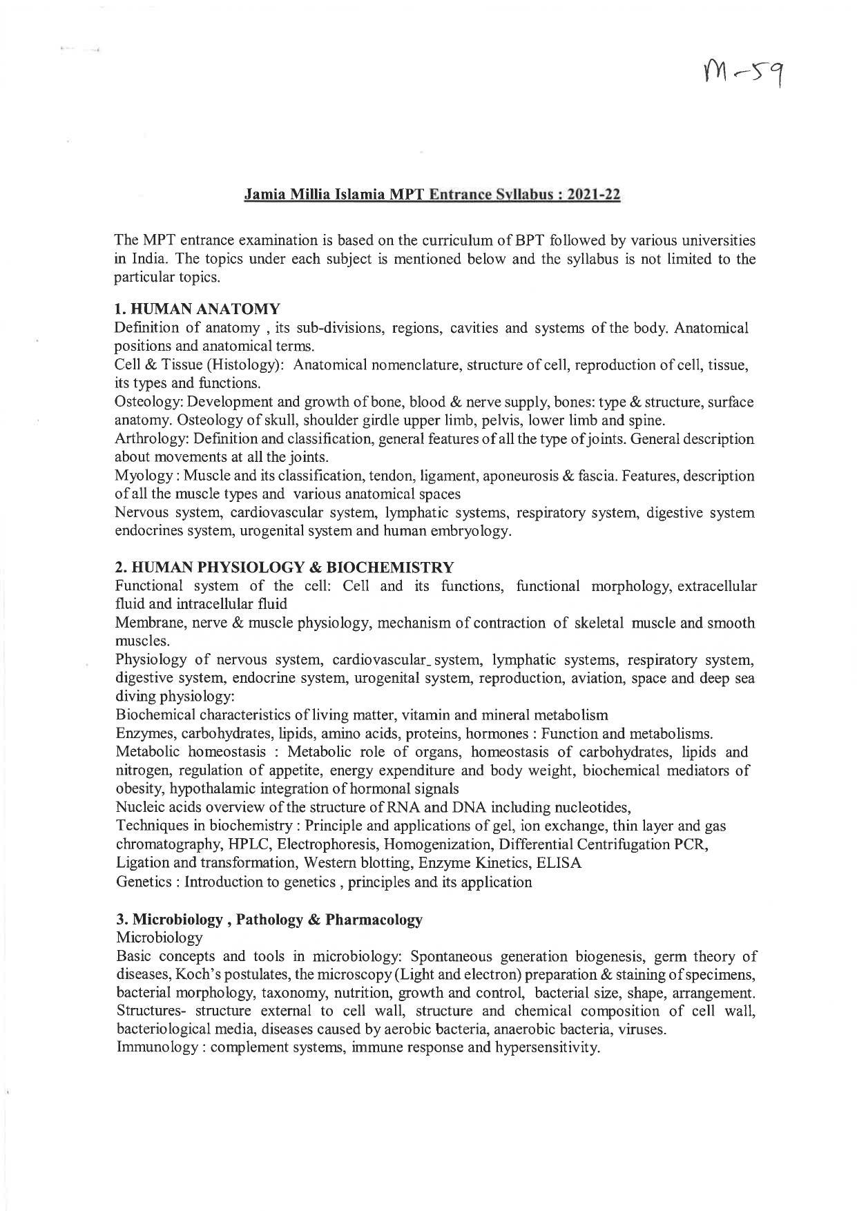 JMI Entrance Exam M59-M.P.T.(Sports/Orthopedics/Neurology/ Cardiopulmonary) (Self-financed) Syllabus - Page 1