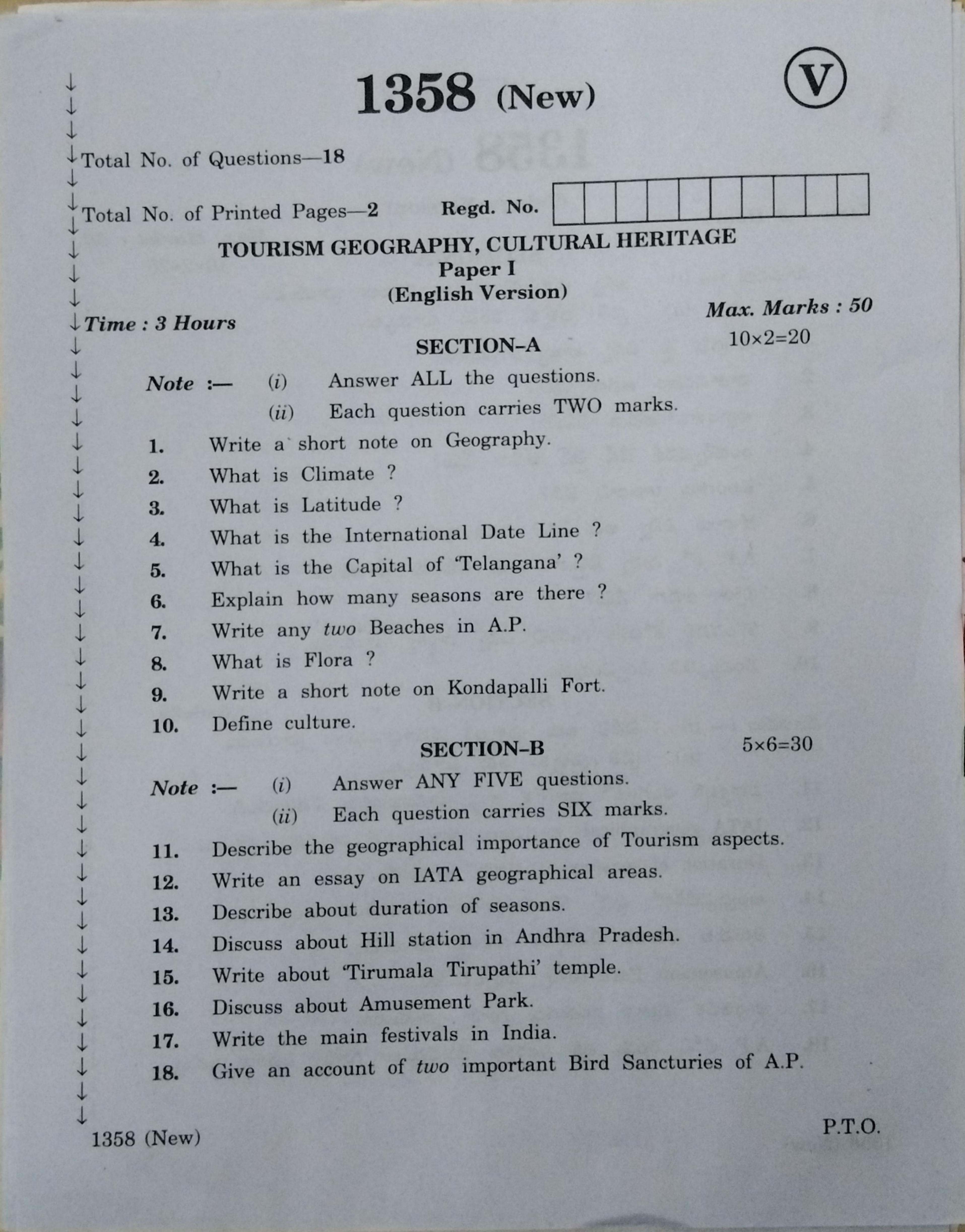 AP Inter 1st Year Tourism Geography Cultural Heritage-I March-2020-Vocational Question Paper - Page 1