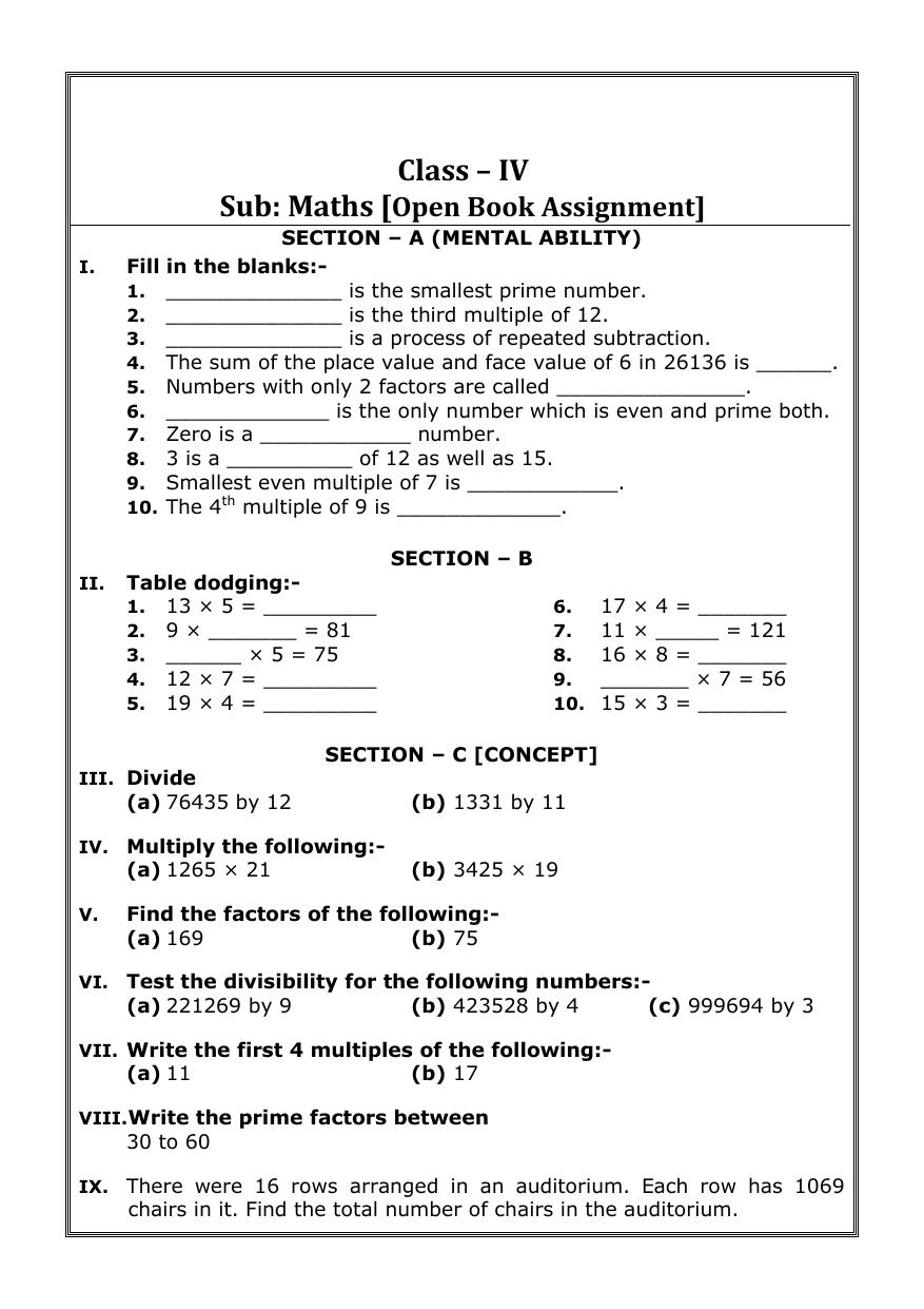 Worksheet for Class 4 Maths Open Book Assignment Assignment - Page 1