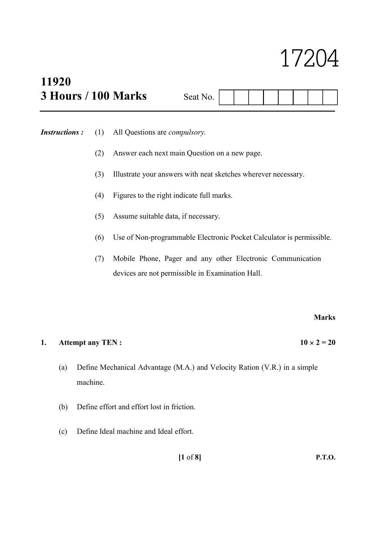 MSBTE Winter Question Paper 2019 - Engineering Mechanics - Page 1