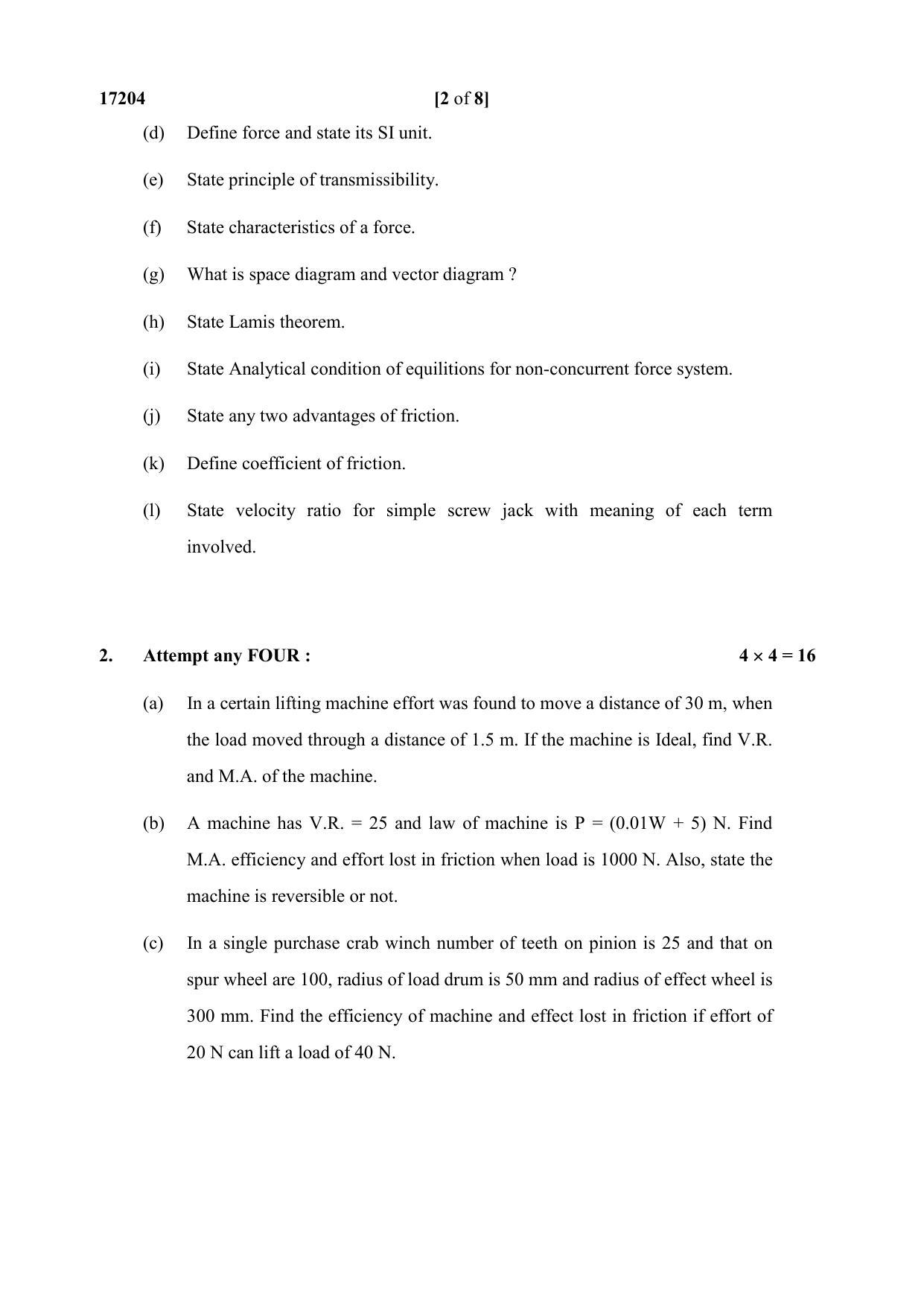 MSBTE Winter Question Paper 2019 - Engineering Mechanics - Page 2