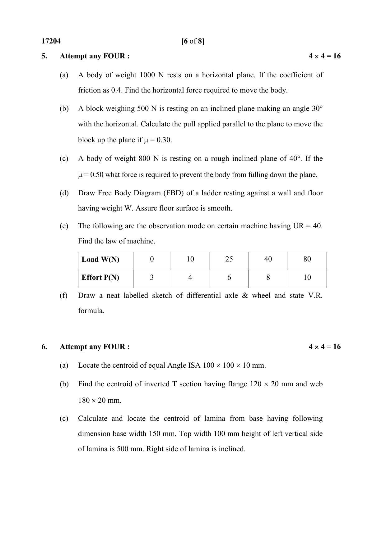 MSBTE Winter Question Paper 2019 - Engineering Mechanics - Page 6