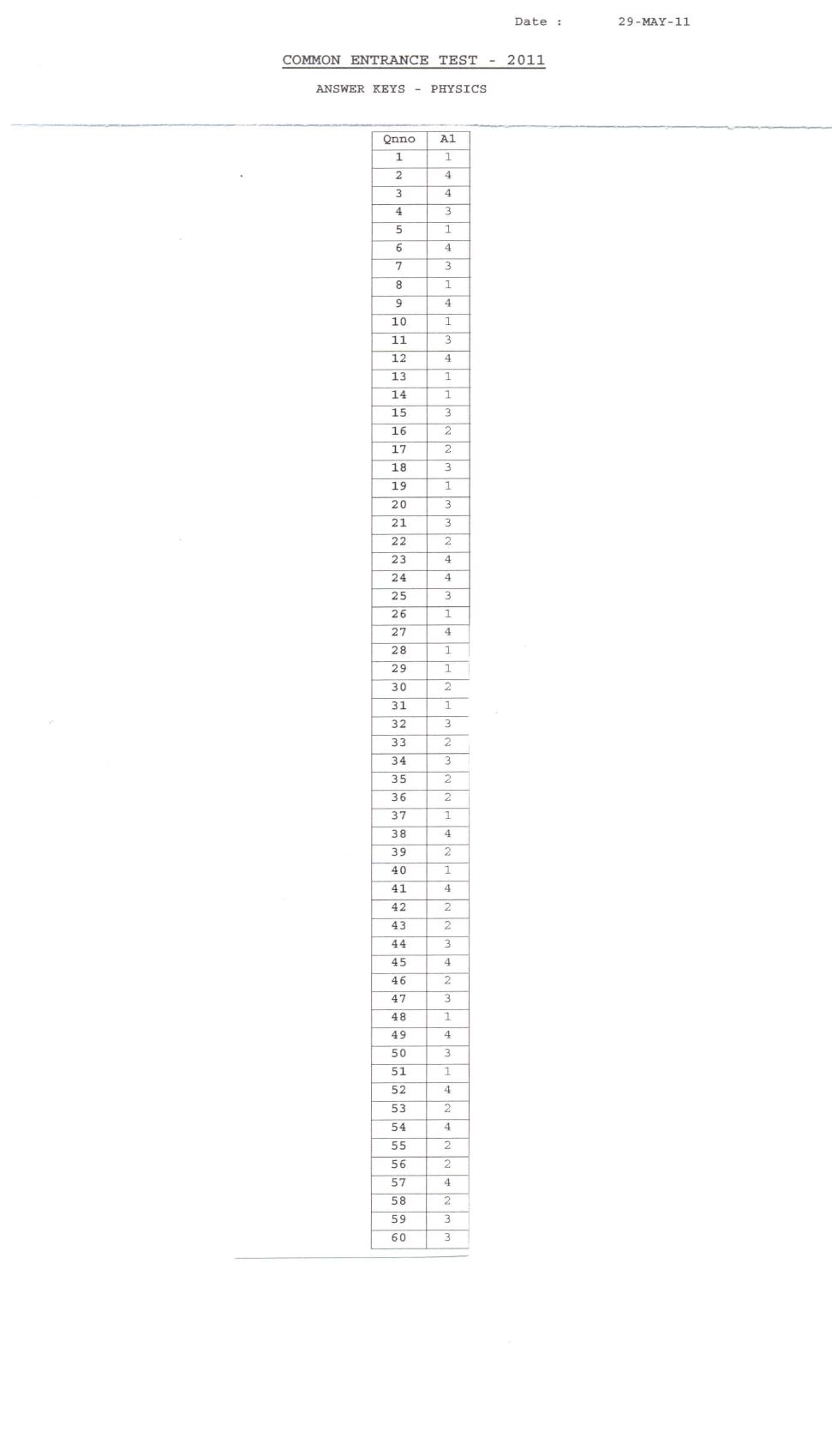 KCET Answer Key 2011 Question Papers - Page 1
