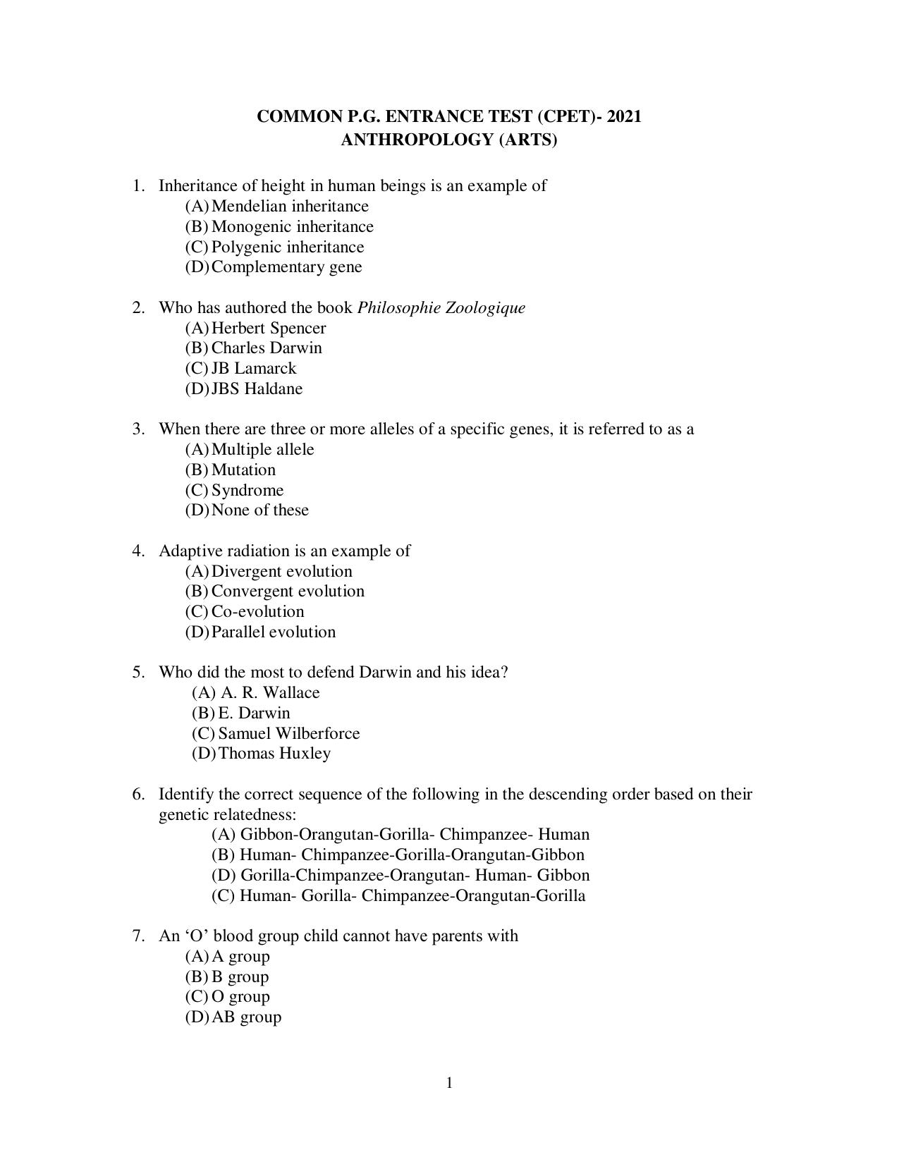 Odisha CPET 2021 ANTHROPOLOGY(ARTS) Question Paper - Page 1