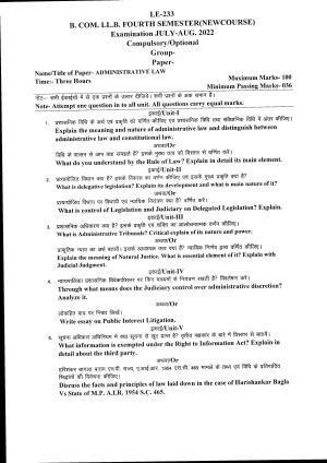 Bilaspur University Question Paper July 2022: B.Com. LL.B. Fourth Semester (New Course) Administrative Law  Paper 1