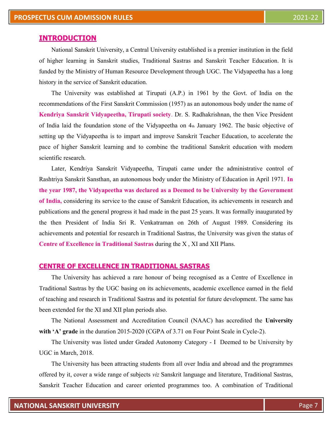 Rashtriya Sanskrit Vidyapeetha, Tirupati Admission Prospectus 2021-22 - Page 12