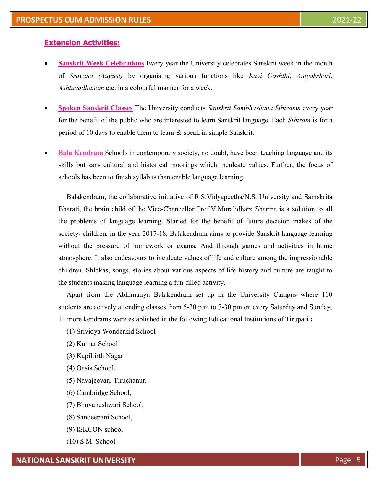 Rashtriya Sanskrit Vidyapeetha, Tirupati Admission Prospectus 2021-22 - Page 20