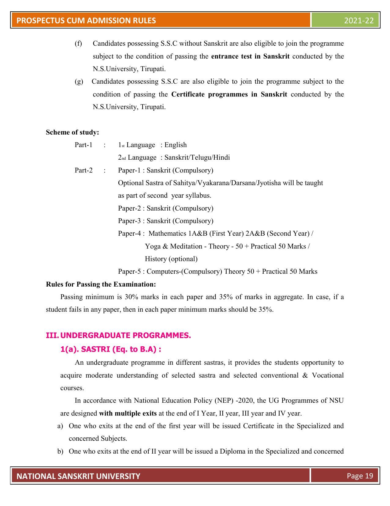 Rashtriya Sanskrit Vidyapeetha, Tirupati Admission Prospectus 2021-22 - Page 24