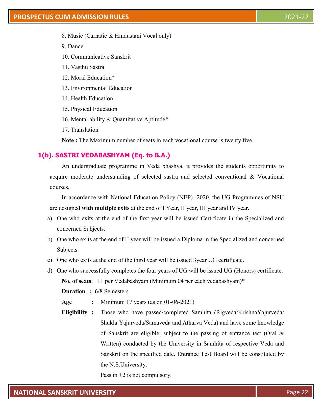 Rashtriya Sanskrit Vidyapeetha, Tirupati Admission Prospectus 2021-22 - Page 27