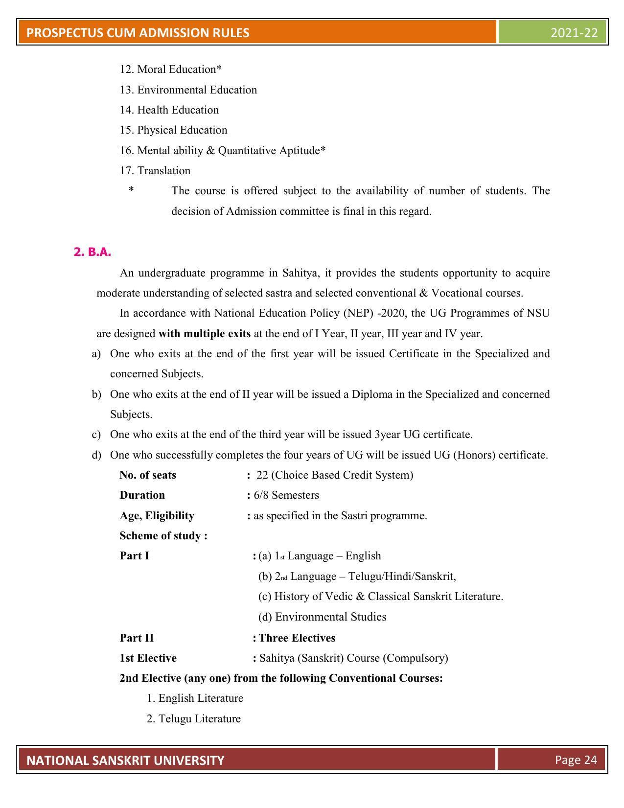 Rashtriya Sanskrit Vidyapeetha, Tirupati Admission Prospectus 2021-22 - Page 29