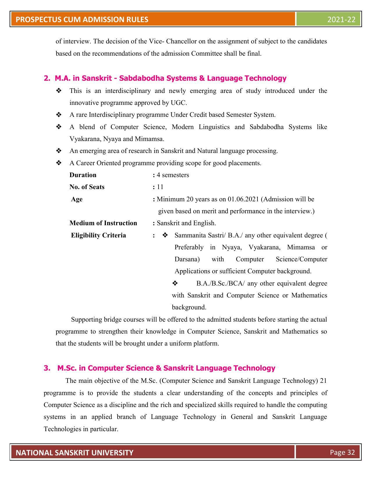 Rashtriya Sanskrit Vidyapeetha, Tirupati Admission Prospectus 2021-22 - Page 37