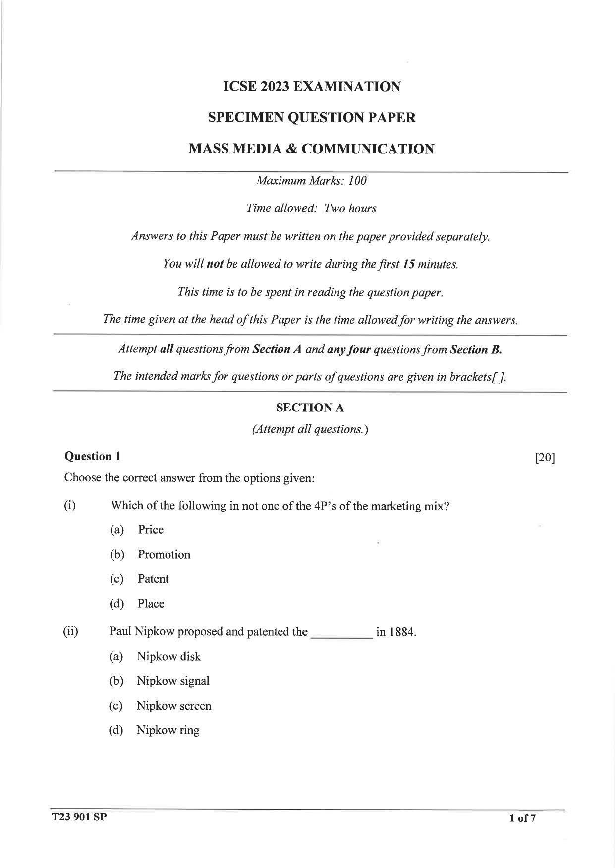 ICSE Class 10 Mass Media & Communication Sample Paper 2023 - Page 1