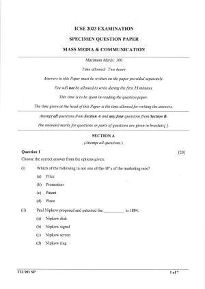ICSE Class 10 Mass Media & Communication Sample Paper 2023