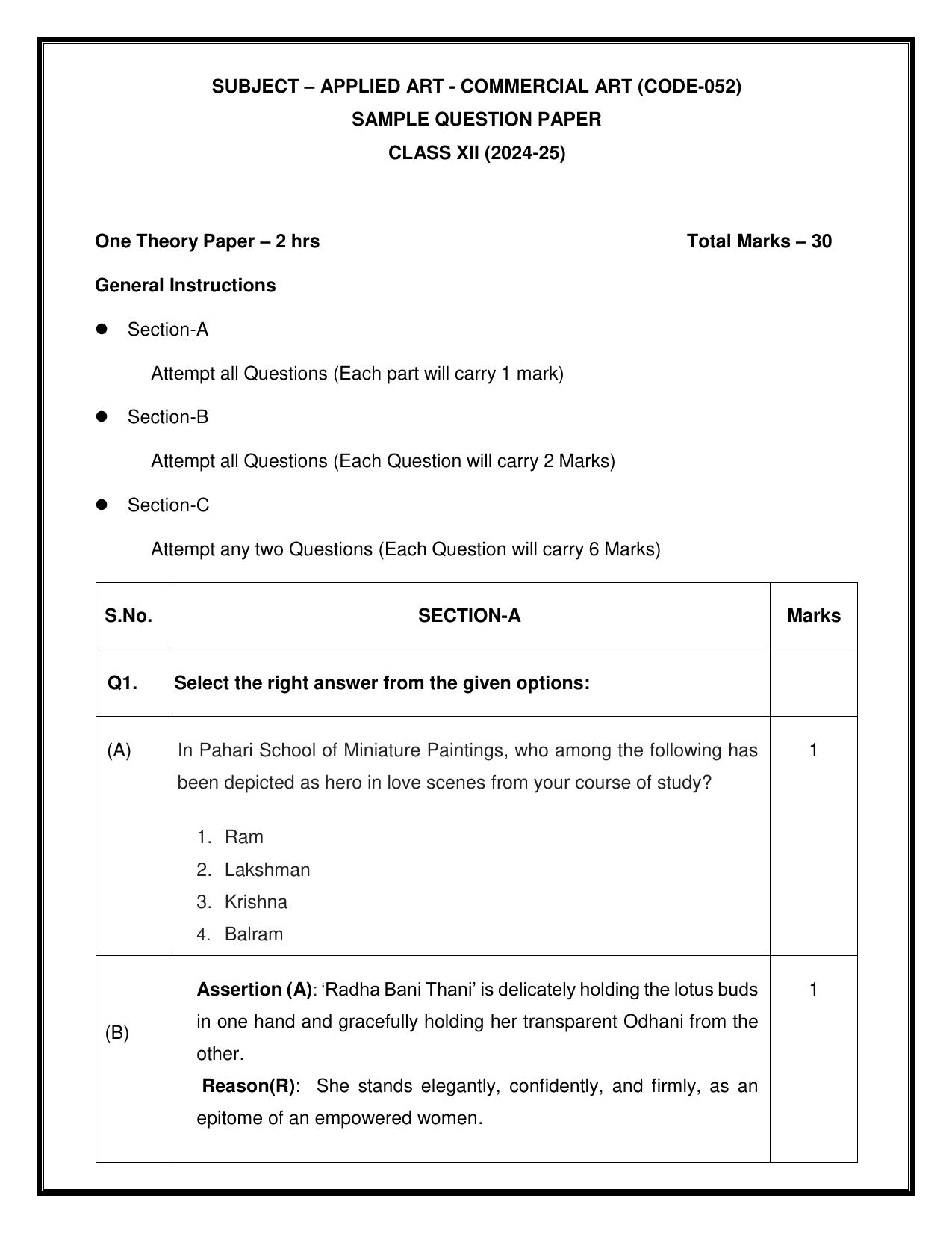 CBSE Class 12 Applied Arts (Commercial Art) Sample Question Paper 2024-25 - Page 1