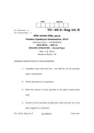 RBSE English Literature II 2010 Varishtha Upadhyay Question Paper