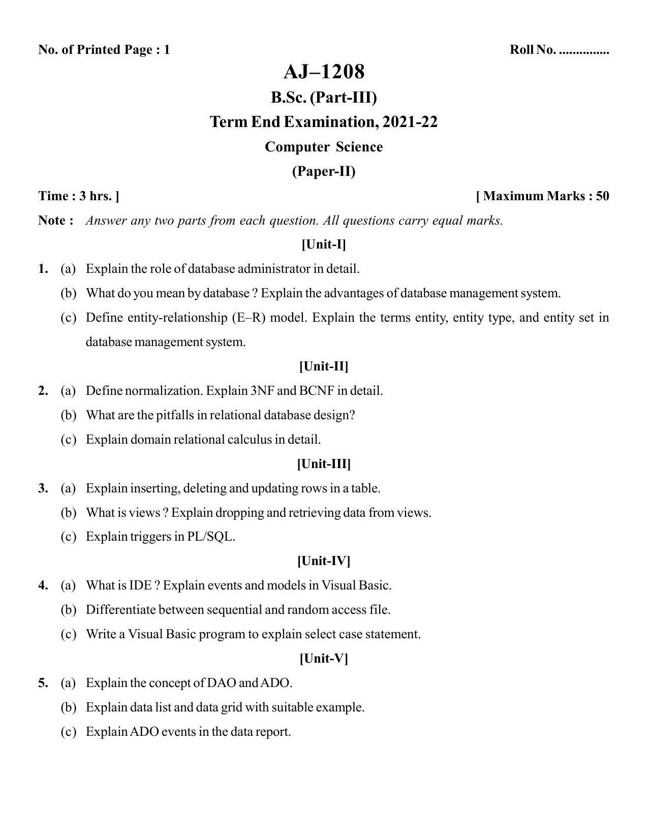 Bilaspur University Question Paper 2021-2022:B. Sc. Part-III (Three)  Computer Science Paper 2 - Page 1