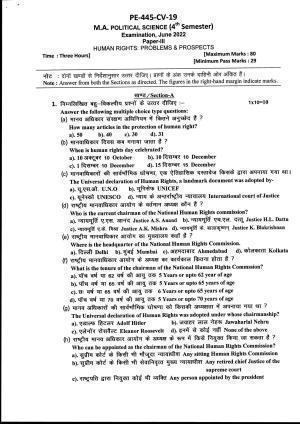 Bilaspur University Question Paper June 2022:M.A Political Science (Fourth Semester) Human Rights: Problems And Prospects Paper 1