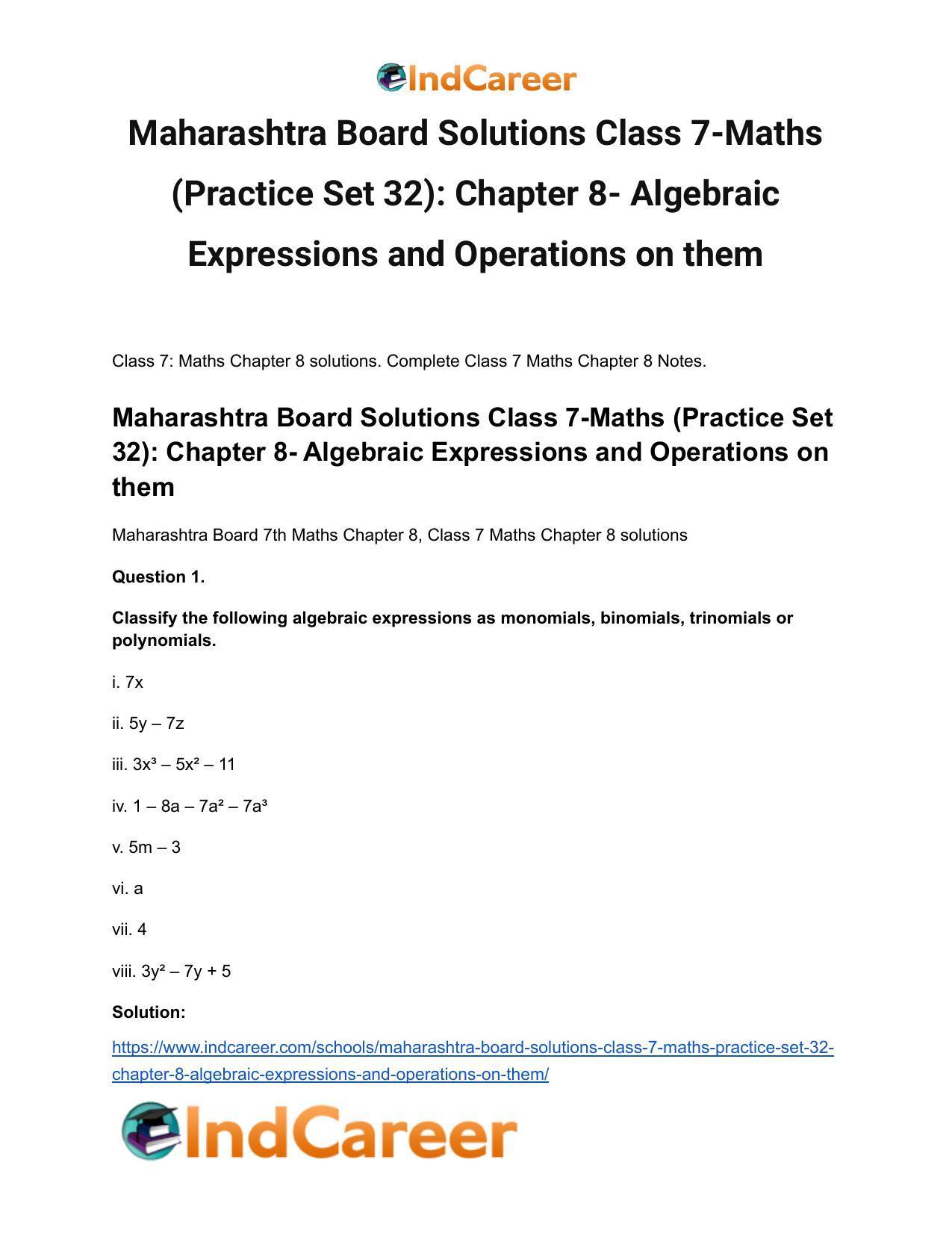 Maharashtra Board Solutions Class 7-Maths (Practice Set 32): Chapter 8- Algebraic Expressions and Operations on them - Page 2