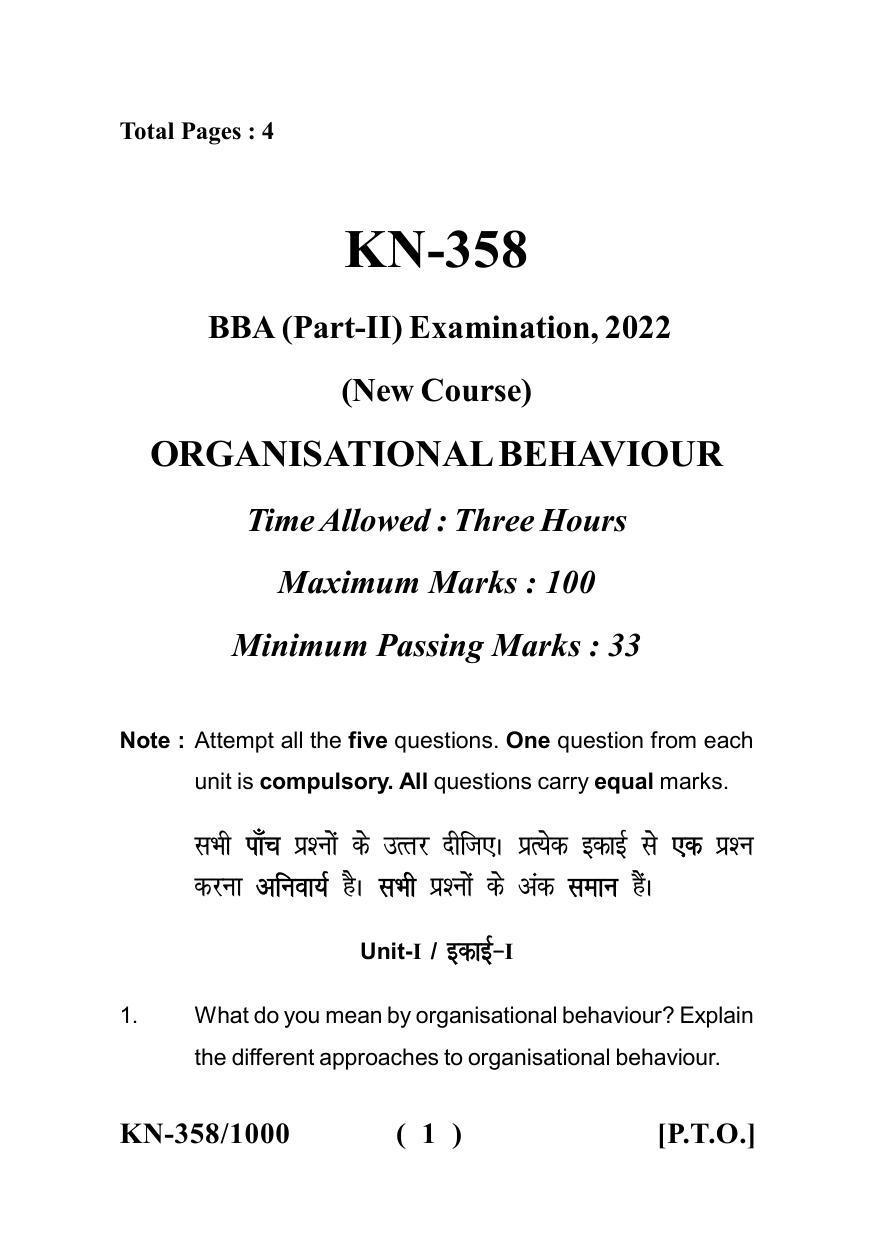 Sarguja University Question Paper - 2022 : B.B.A Part Two Organisational Behaviour Paper I - Page 1