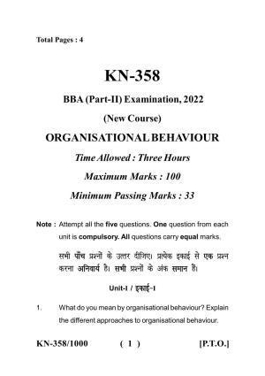 Sarguja University Question Paper - 2022 :   B.B.A Part Two  Organisational Behaviour Paper I
