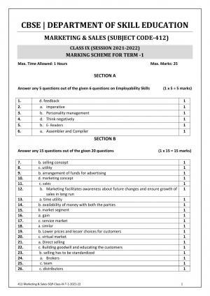 CBSE Class 10 Skill Education (Term I) - Marketing & Sales Marking Scheme 2021-22