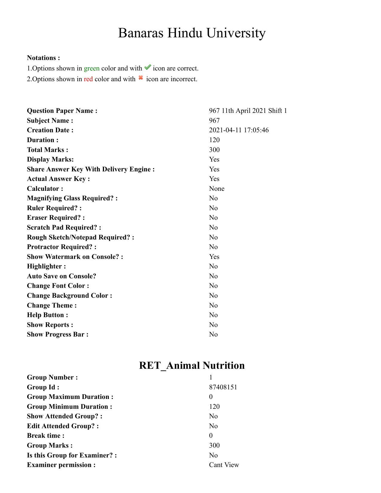 BHU RET Animal Nutrition  2020 Question Paper  - Page 1