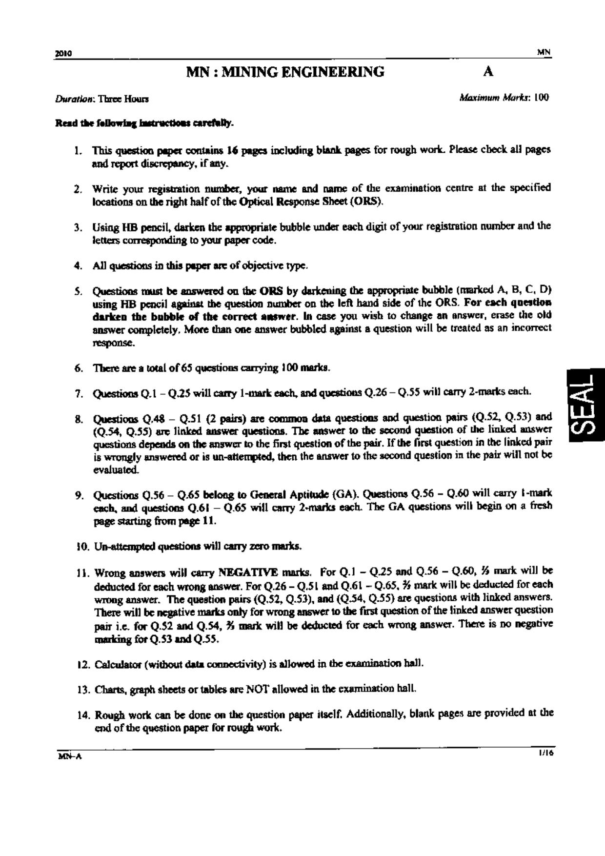 GATE 2010 Mining Engineering (MN) Question Paper with Answer Key - Page 1