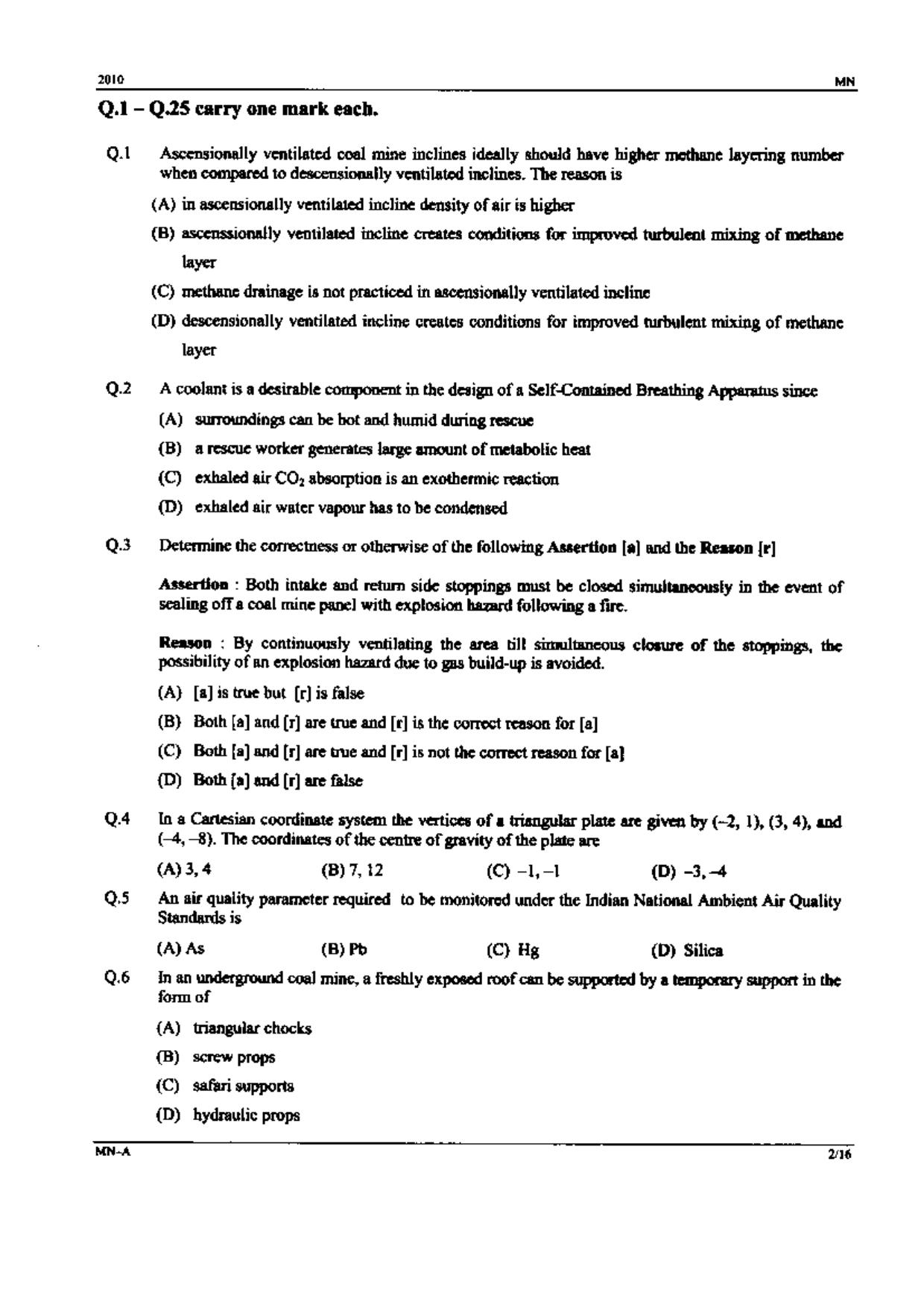 GATE 2010 Mining Engineering (MN) Question Paper with Answer Key - Page 2