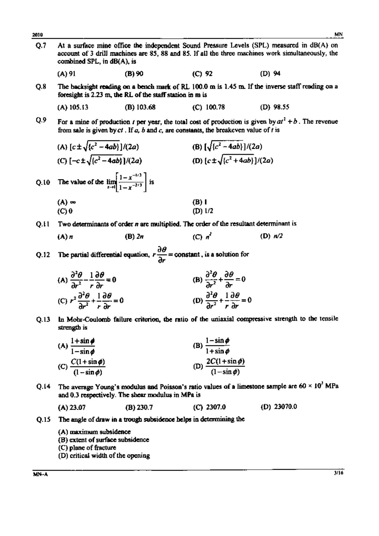 GATE 2010 Mining Engineering (MN) Question Paper with Answer Key - Page 3