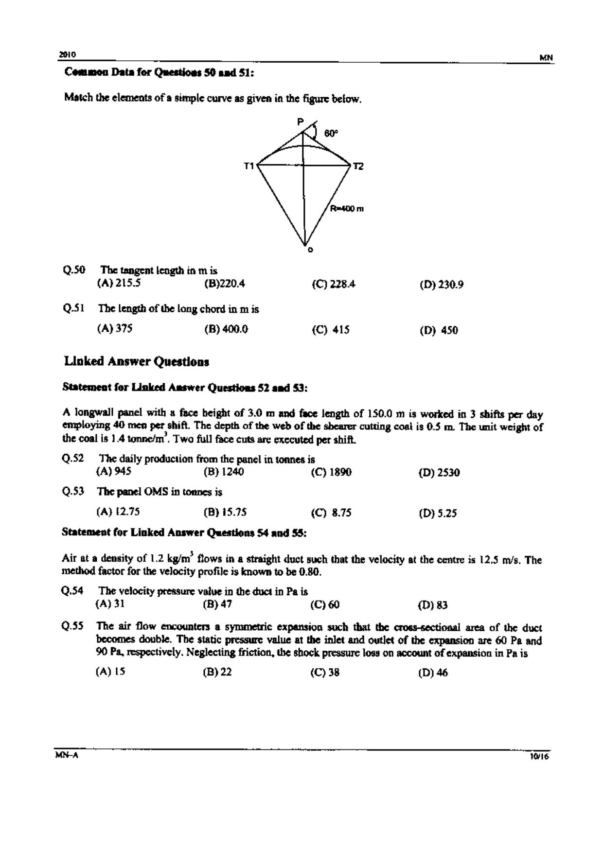 GATE 2010 Mining Engineering (MN) Question Paper with Answer Key - Page 10