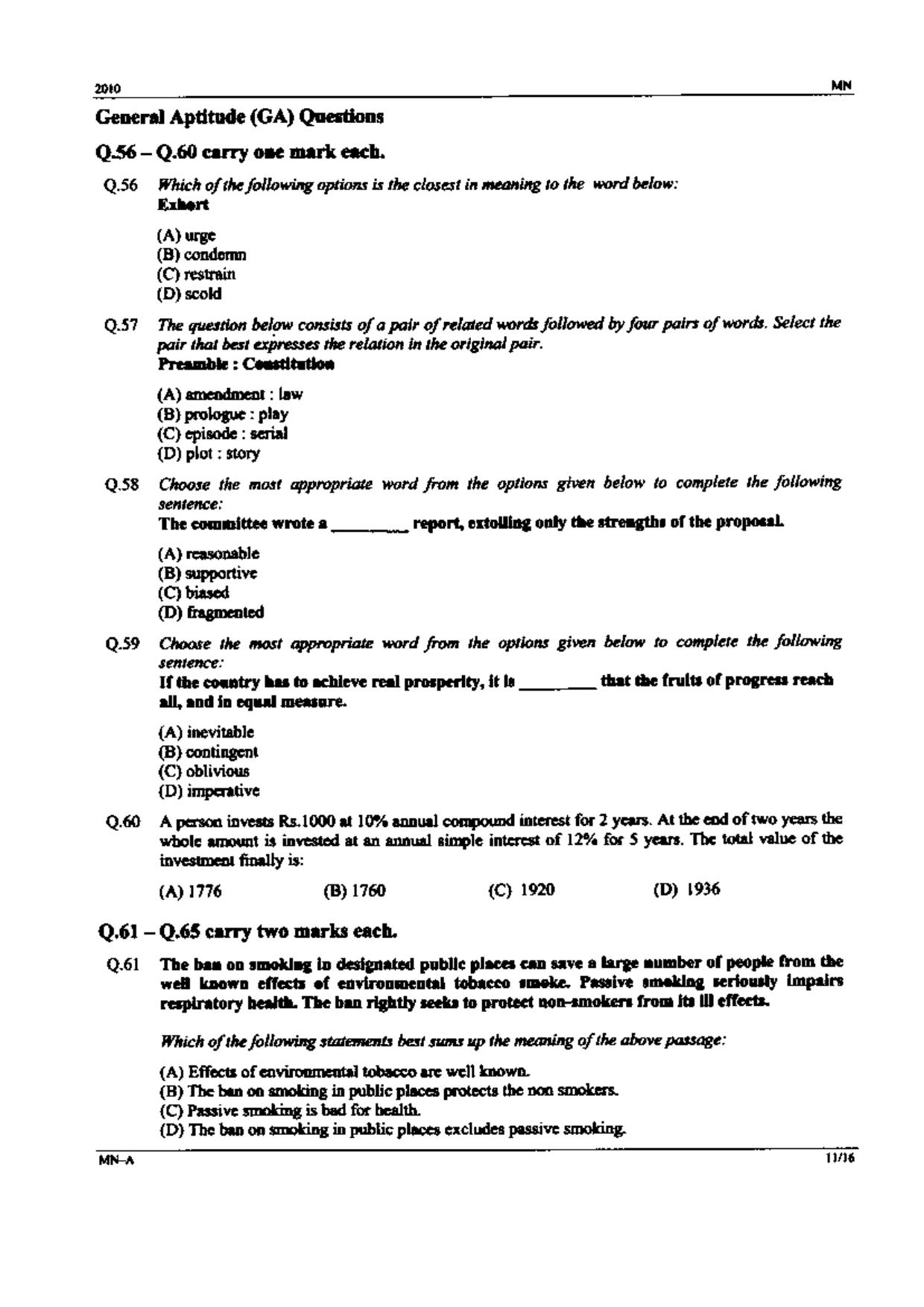 GATE 2010 Mining Engineering (MN) Question Paper with Answer Key - Page 11