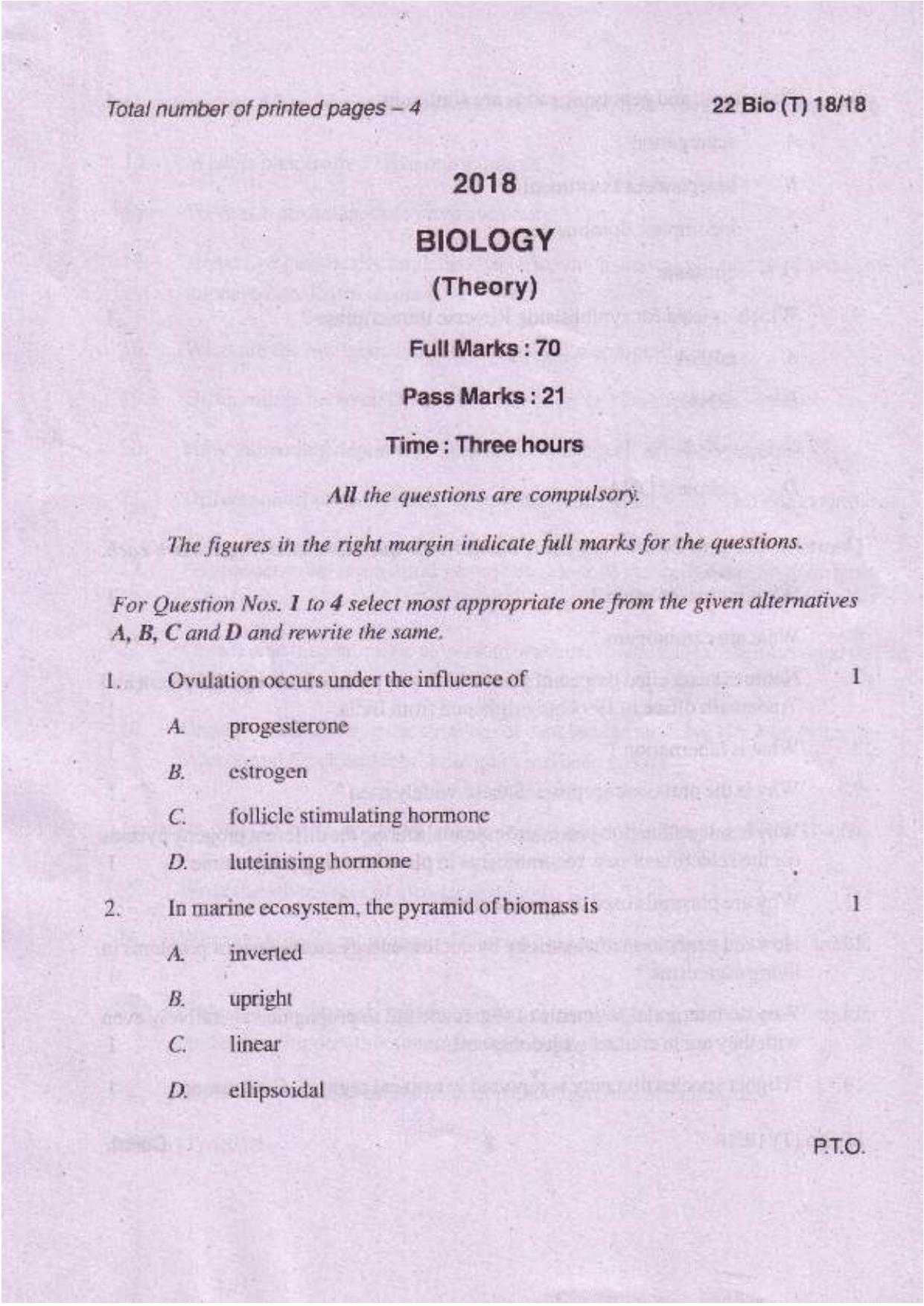 COHSEM Class 12 Biology 2018 Question Papers - Page 1