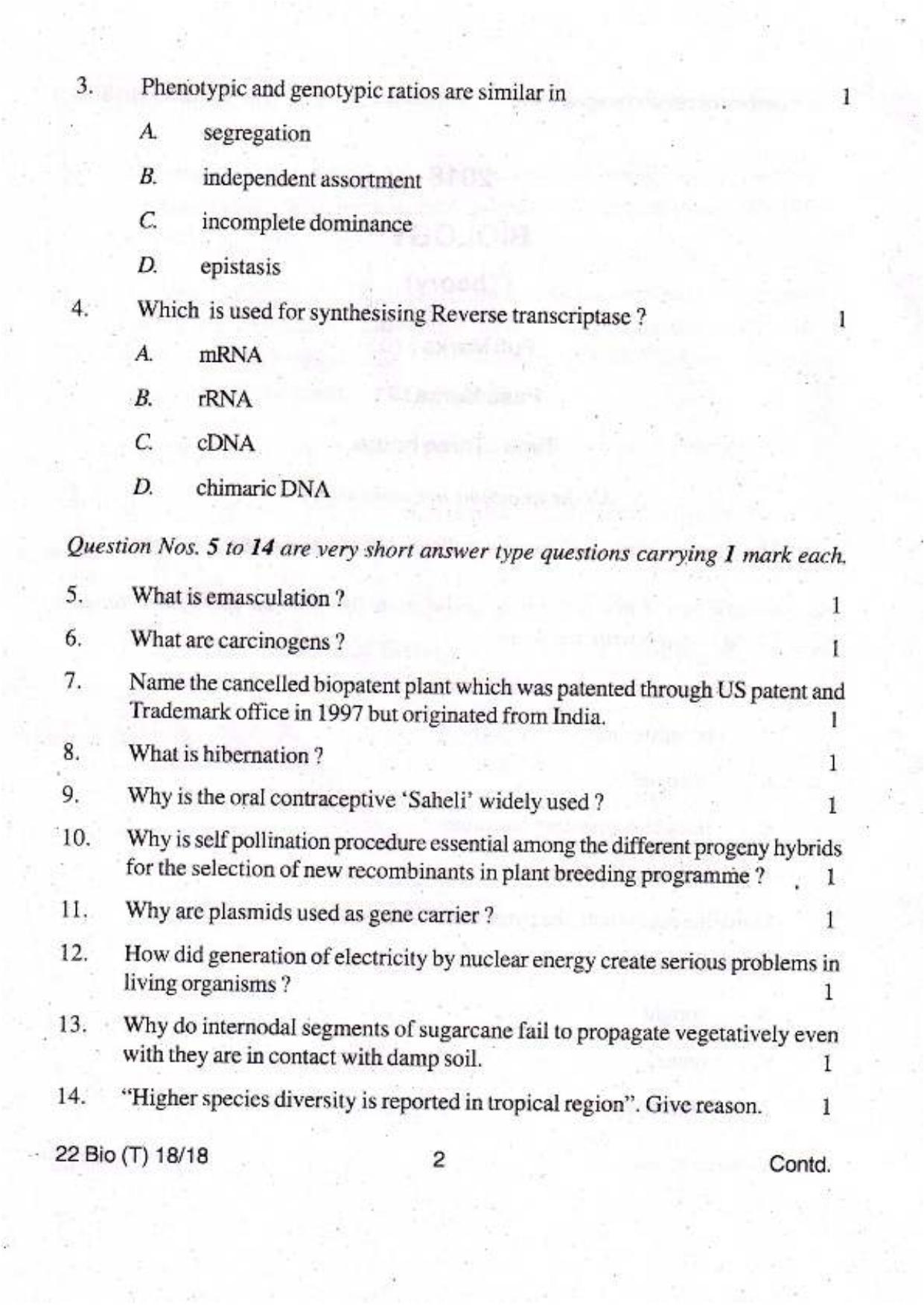 COHSEM Class 12 Biology 2018 Question Papers - Page 2