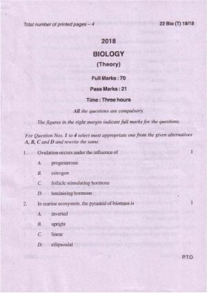 COHSEM Class 12 Biology 2018 Question Papers