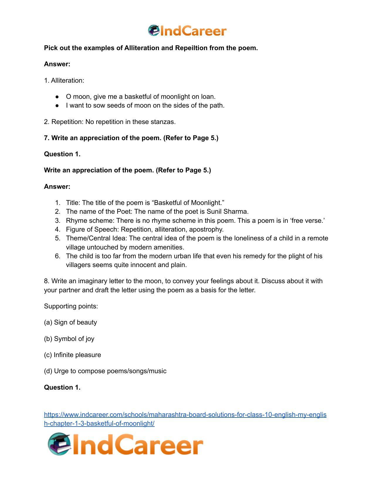 Maharashtra Board Solutions for Class 10- English (My English): Chapter 1.3- Basketful of Moonlight - Page 8
