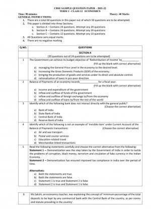CBSE Class 12th Economics Sample Question Paper 2021-22