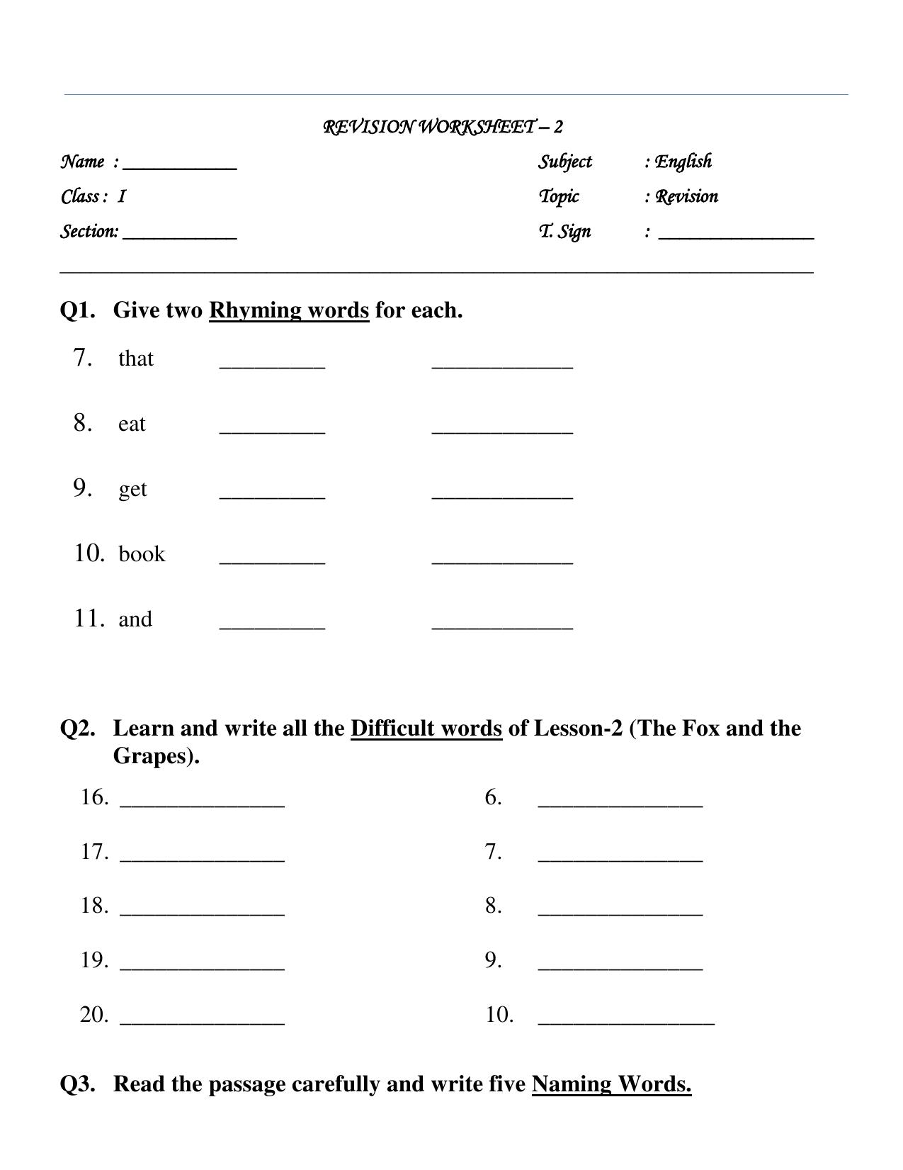 Worksheet for Class 1 English Assignment 78 - Page 1