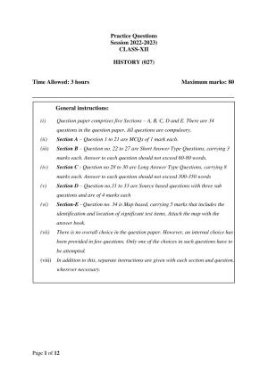 CBSE Class 12 History Practice Questions 2022-23