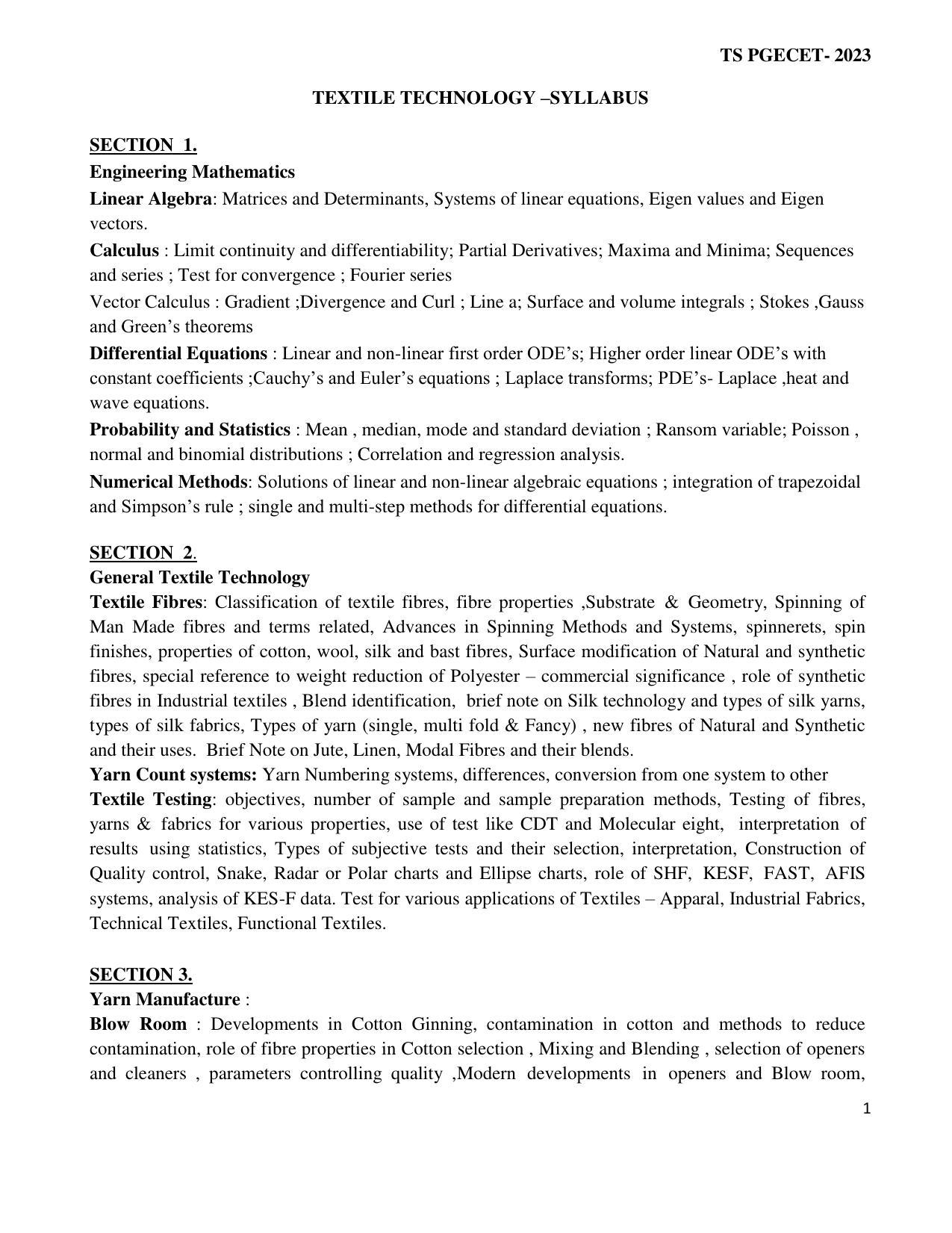 TS PGECET Textile Technology Syllabus - Page 1