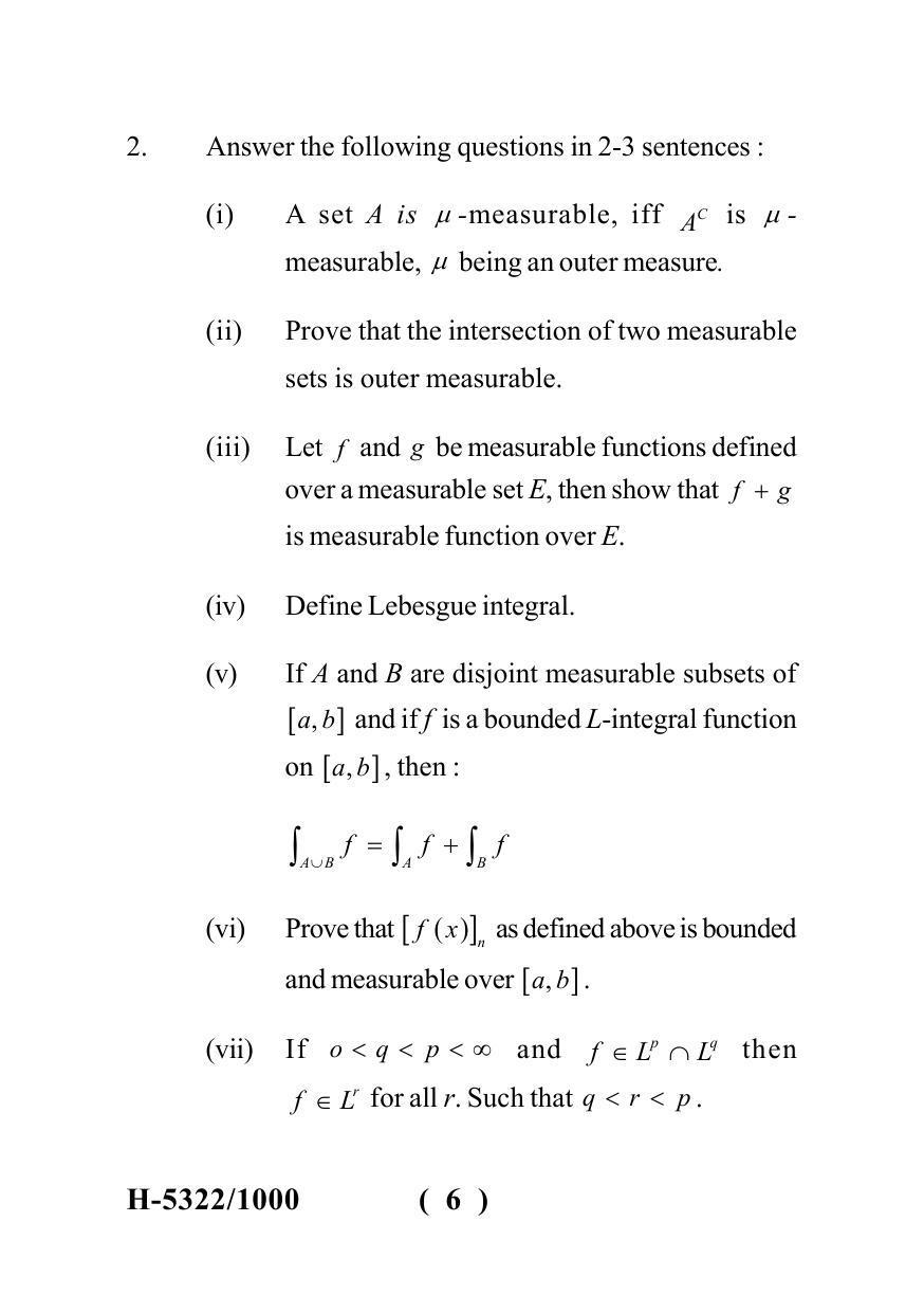  Sarguja University Question Paper July-2022 :   M.Sc.In Mathematics (Second Sem.)Real Analysis II Paper 1 - Page 6