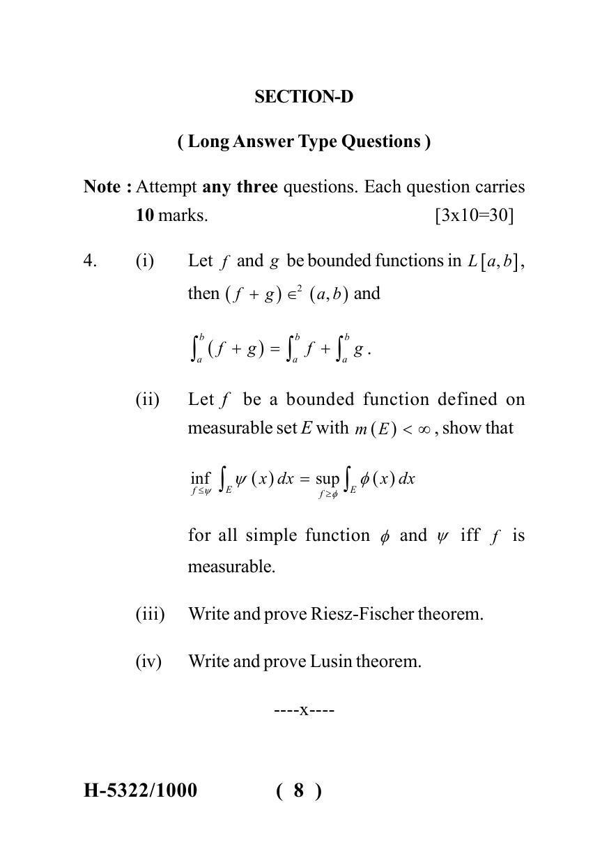  Sarguja University Question Paper July-2022 :   M.Sc.In Mathematics (Second Sem.)Real Analysis II Paper 1 - Page 8