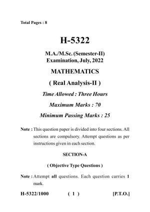  Sarguja University Question Paper July-2022 :   M.Sc.In Mathematics (Second Sem.)Real Analysis II Paper 1
